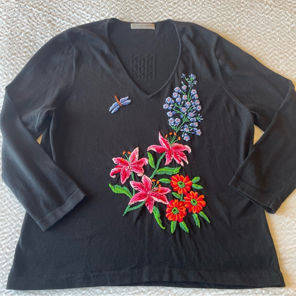Marisa Christina Embroidered Black Floral Firefly Knit Top Sz L